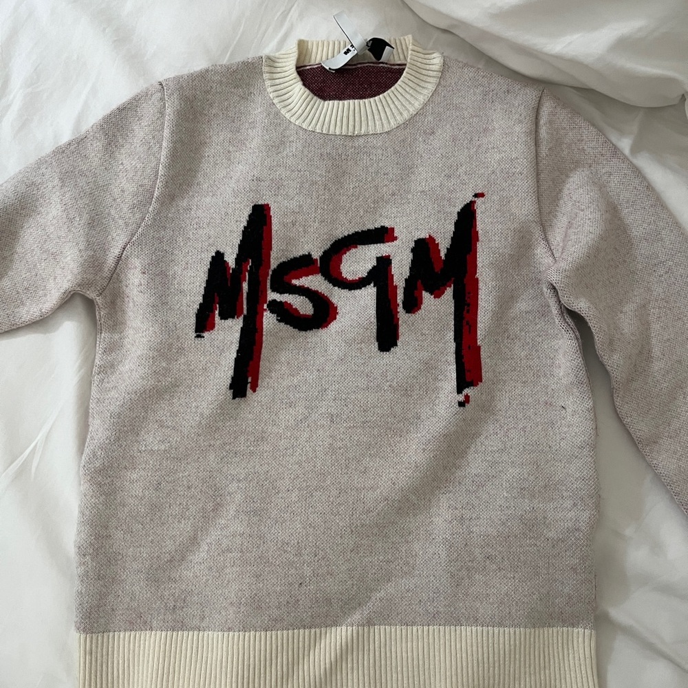 MSGM Cream Sweater with Red and Black Logo